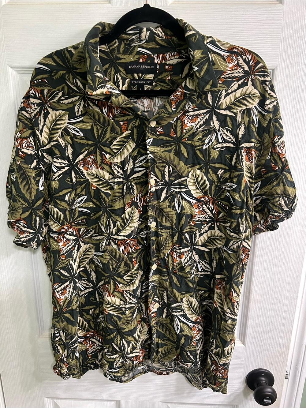Banana Republic Olive Green Tropical Leaf & Tiger Print Button-Down Shirt